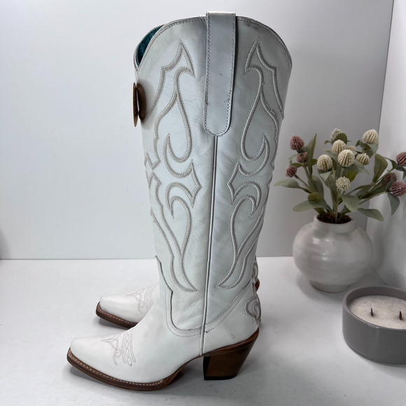 Corral Embroidery Snip Toe Western Knee High Leather Boot White Women's 7M - Picture 1 of 10